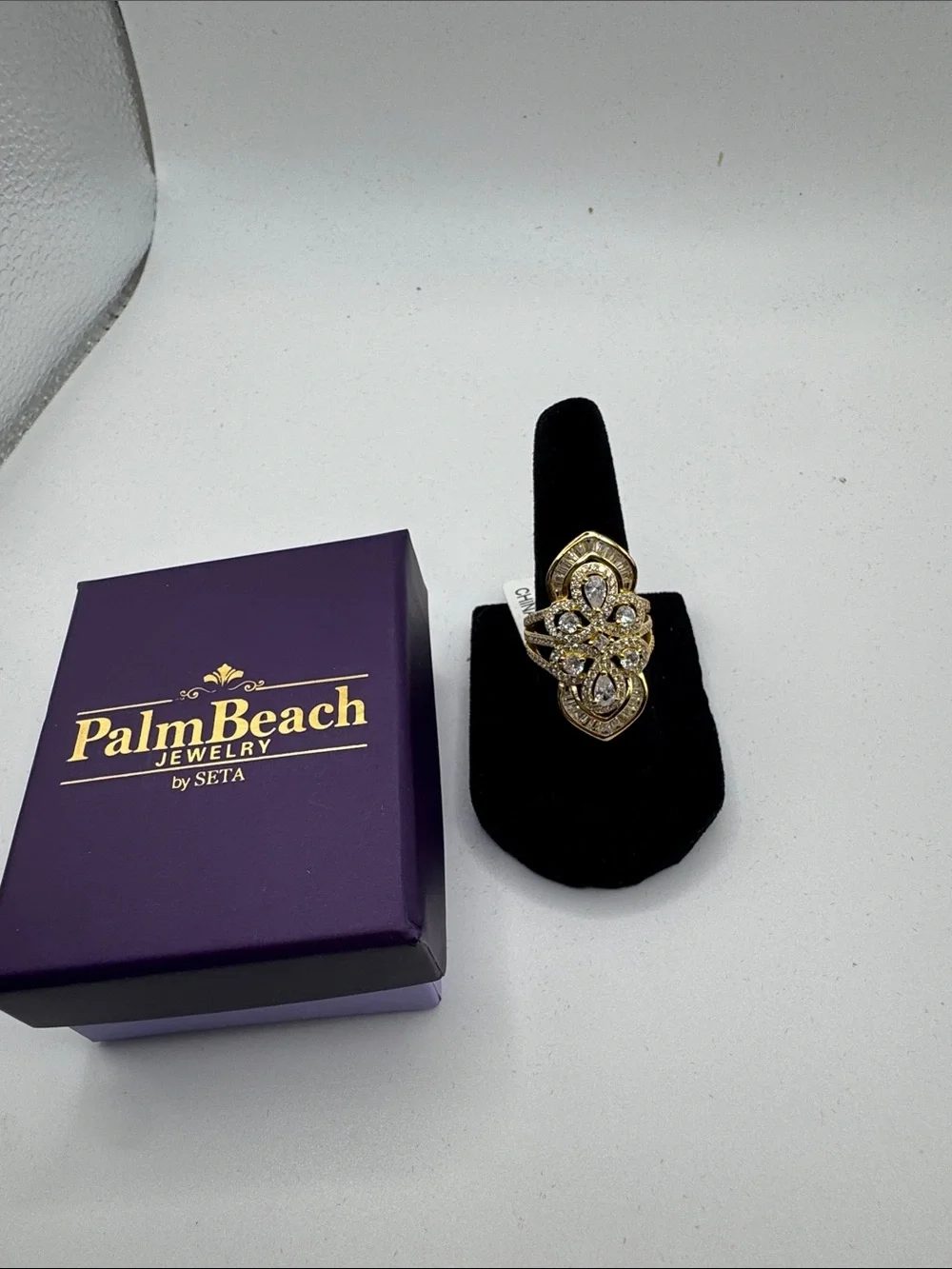 PalmBeach Jewelry Gold and Clear Crystal Filigree Statement Ring
